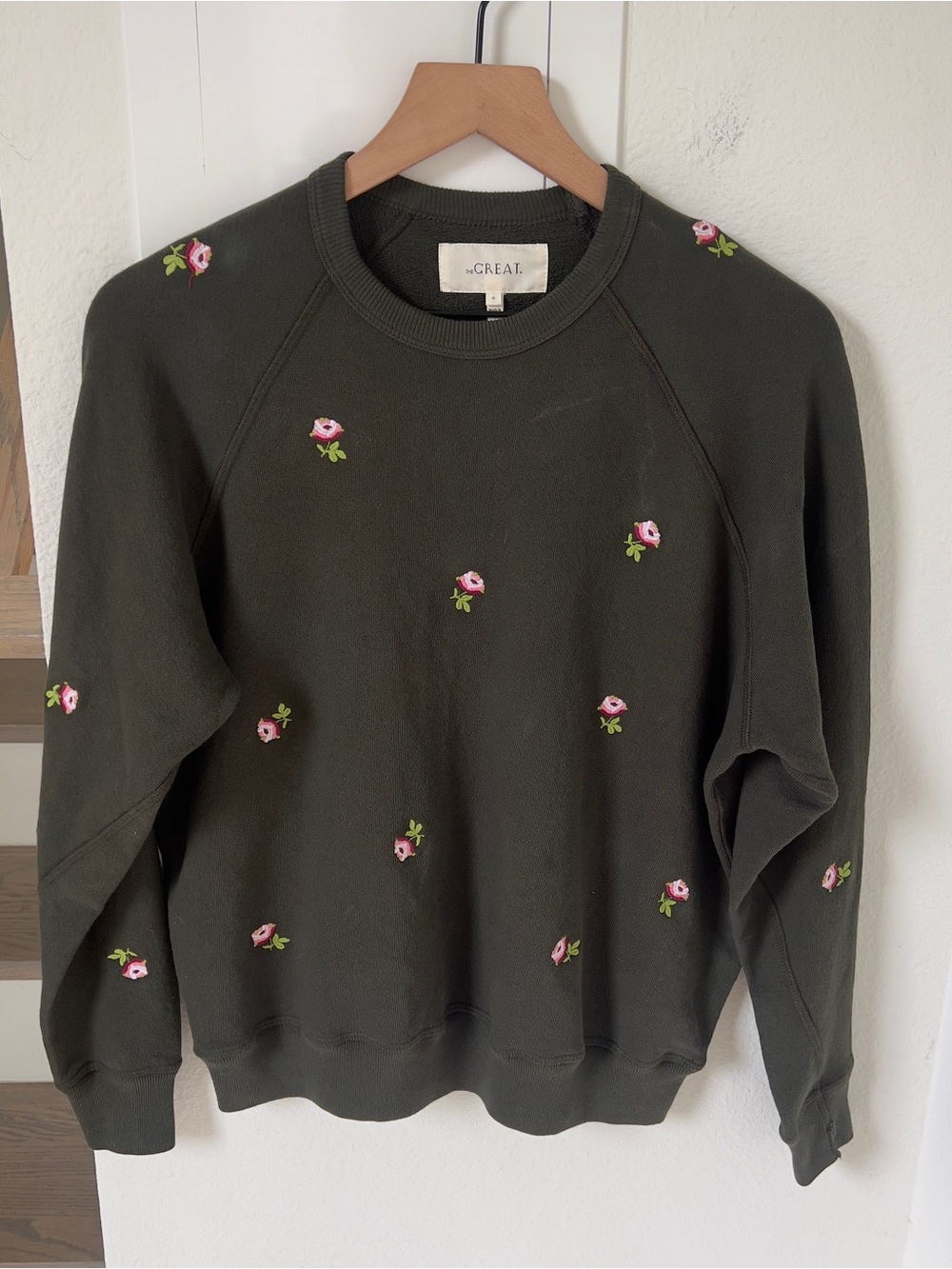 THE GREAT. The Embroidered College Sweatshirt - Olive Green - Picture 3 of 8